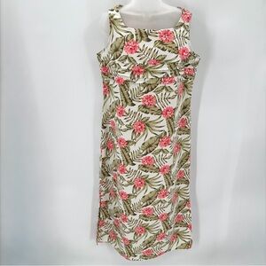 White Stag Linen Blend Dress L 12/14 Long Maxi Floral Sleeveless Shift VTG READ